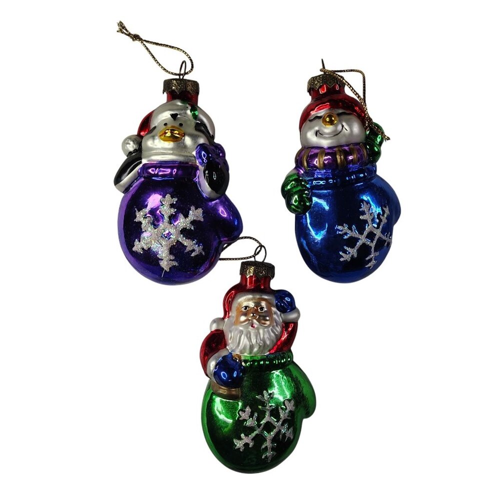 Santa Snowman Penguin Mitten Thomas Pacconi Museum Series Glass Ornament Set 3